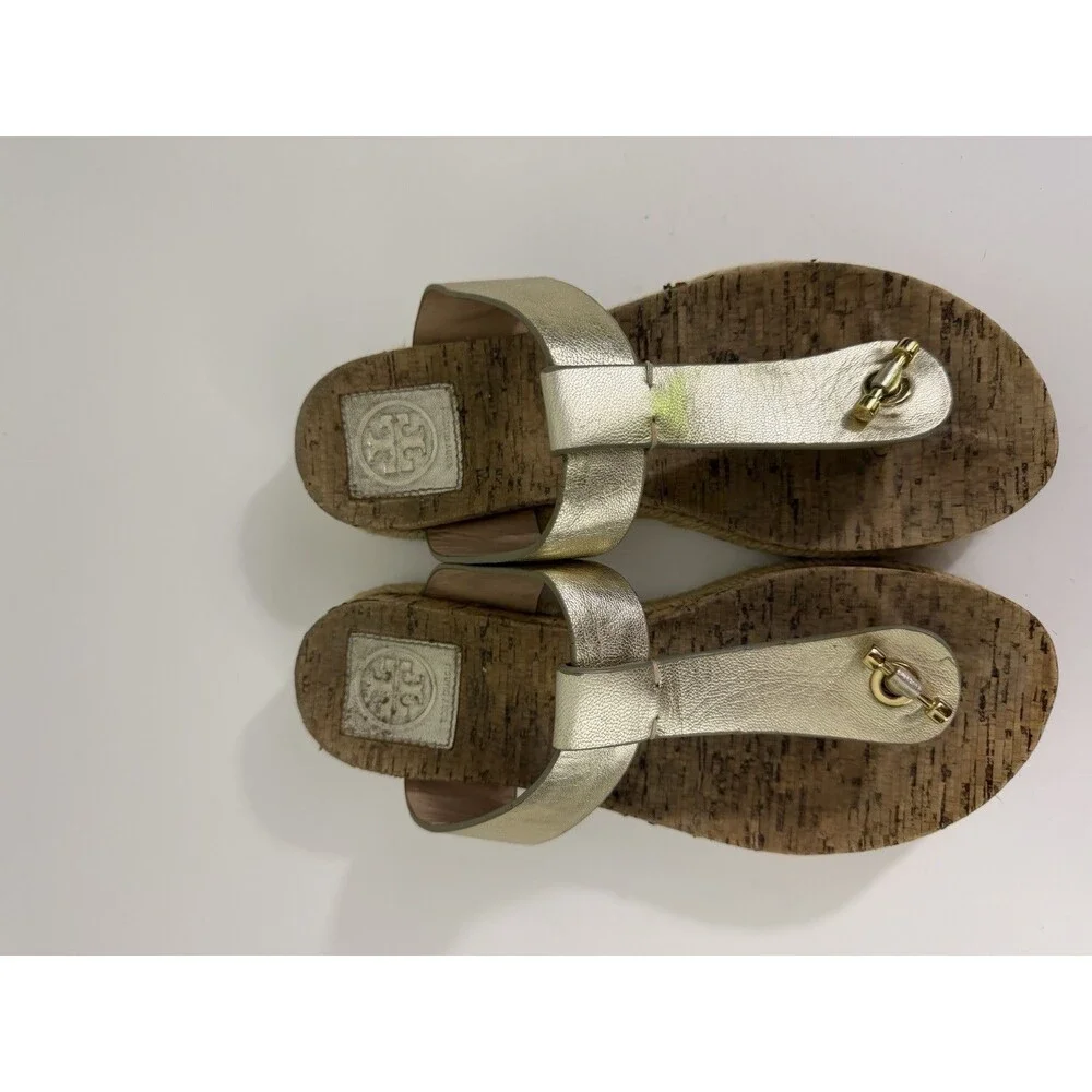Tory Burch Metallic Gold Cork Thong Sandals Espadrille Jute Wrap Sz 7 Resortwear